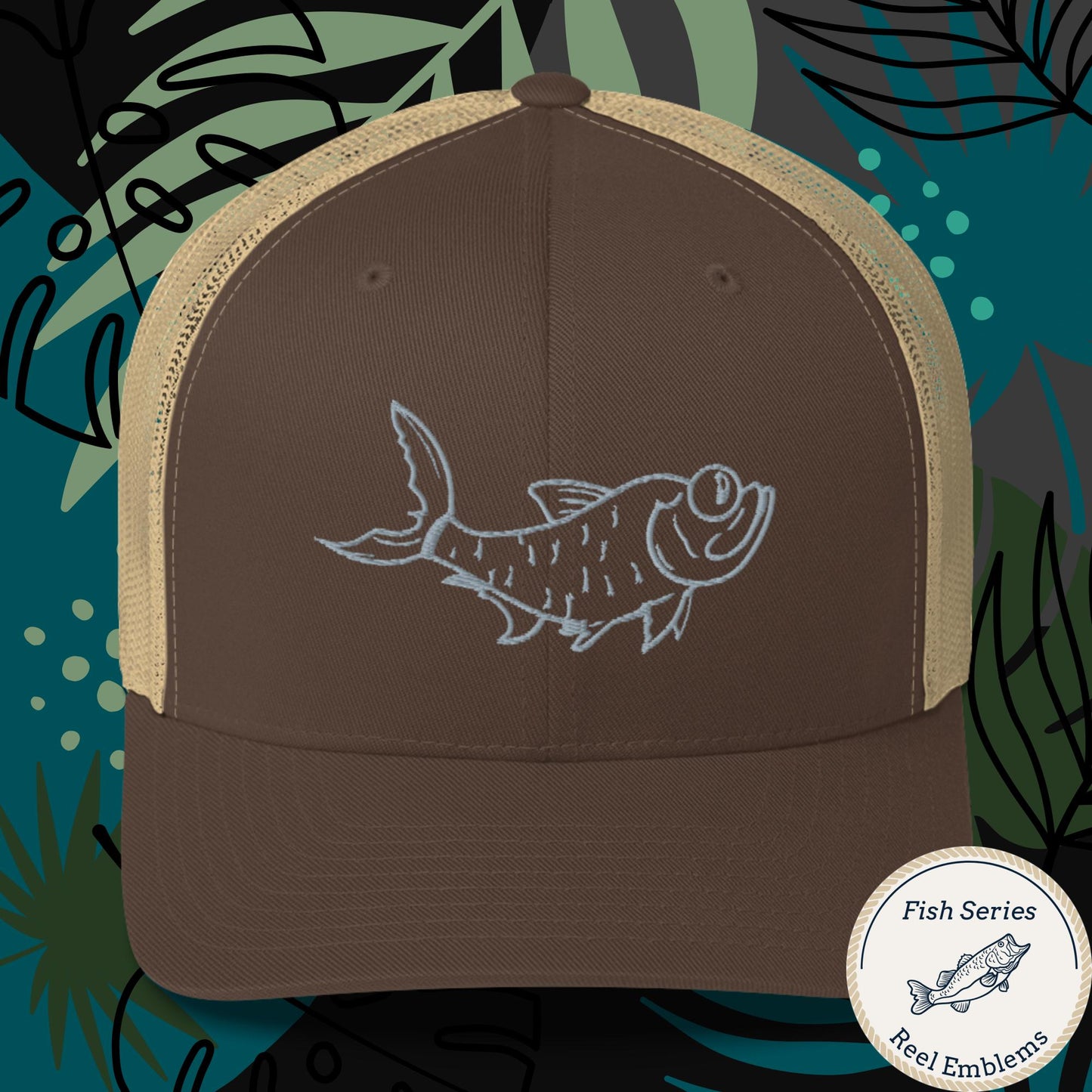Brown and khaki fishing trucker hat with embroidered tarpon fish design, front view