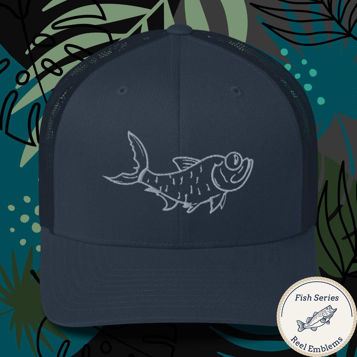 Navy fishing trucker hat with embroidered tarpon design, front view
