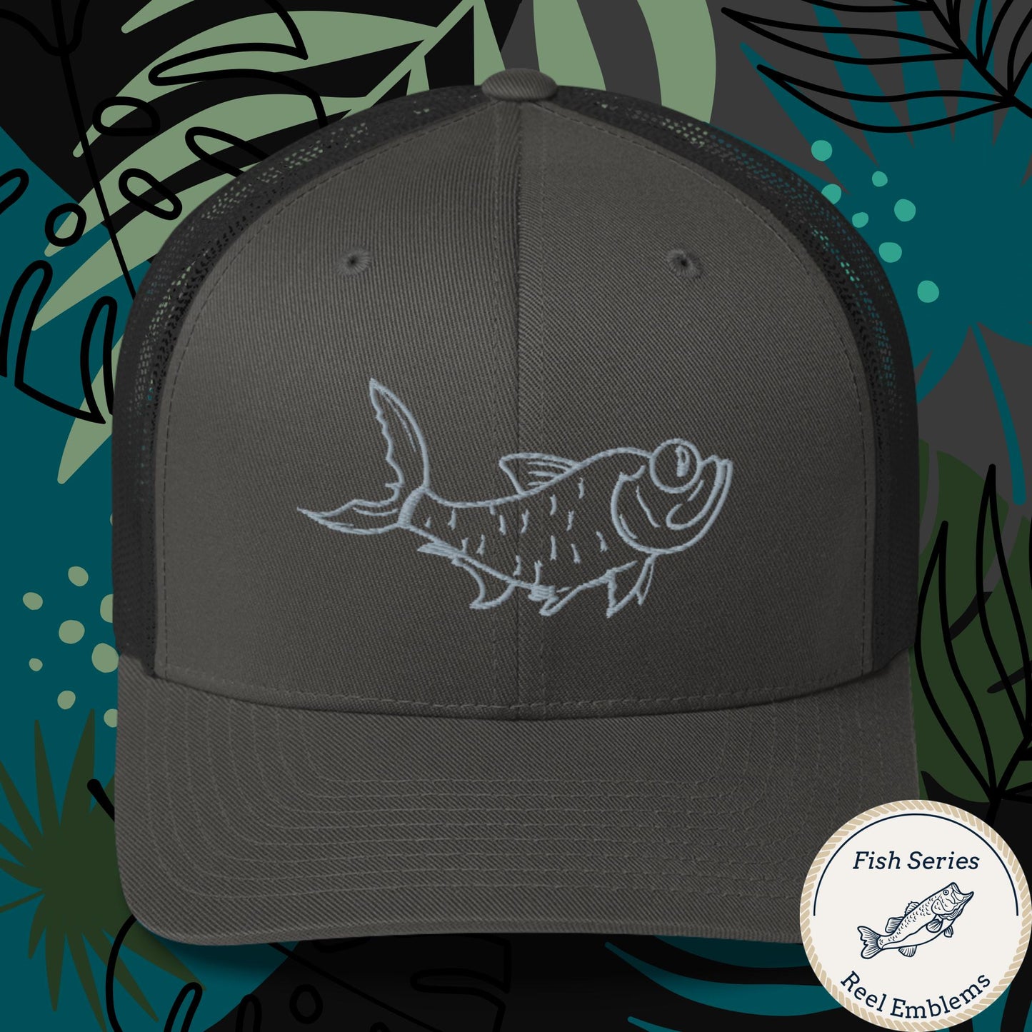 Charcoal gray fishing trucker hat with embroidered retro tarpon design and mesh back, front view