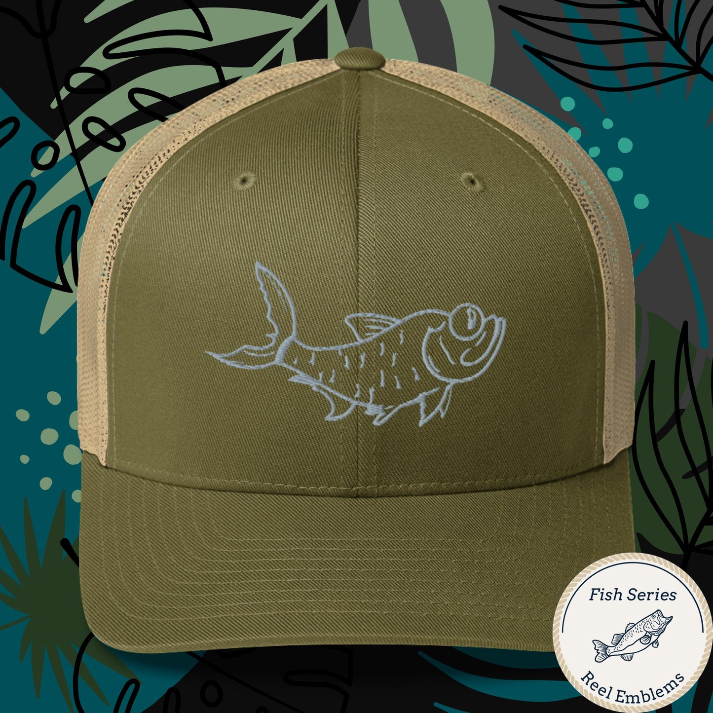 Moss green and khaki fishing trucker hat with embroidered retro tarpon design and mesh back, front view
