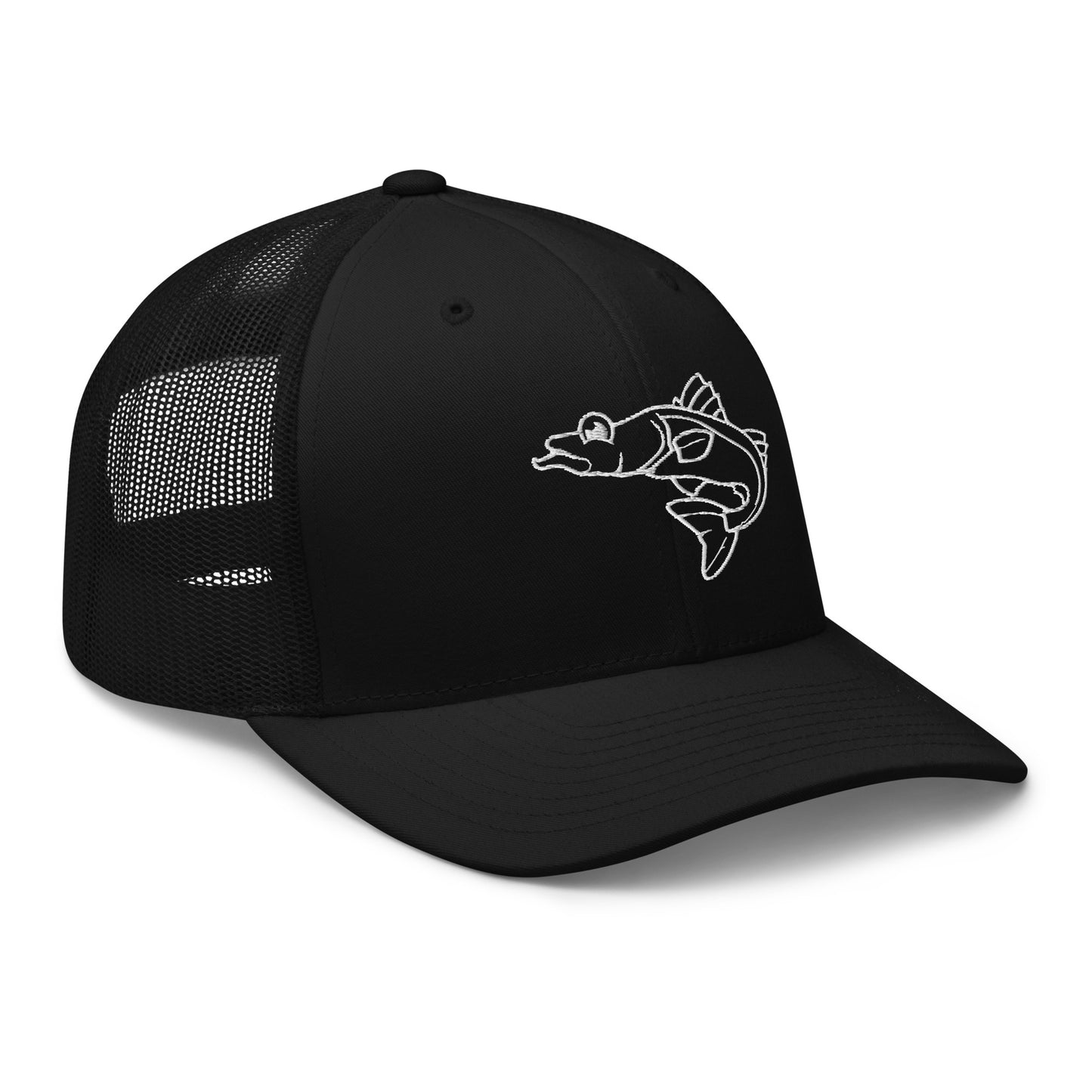 Black retro trucker cap with white embroidered snook fish design, angled right view