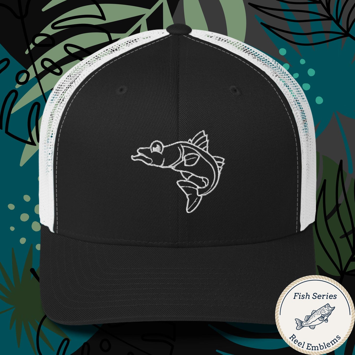 Black and white retro trucker cap with white embroidered snook fish design, front view