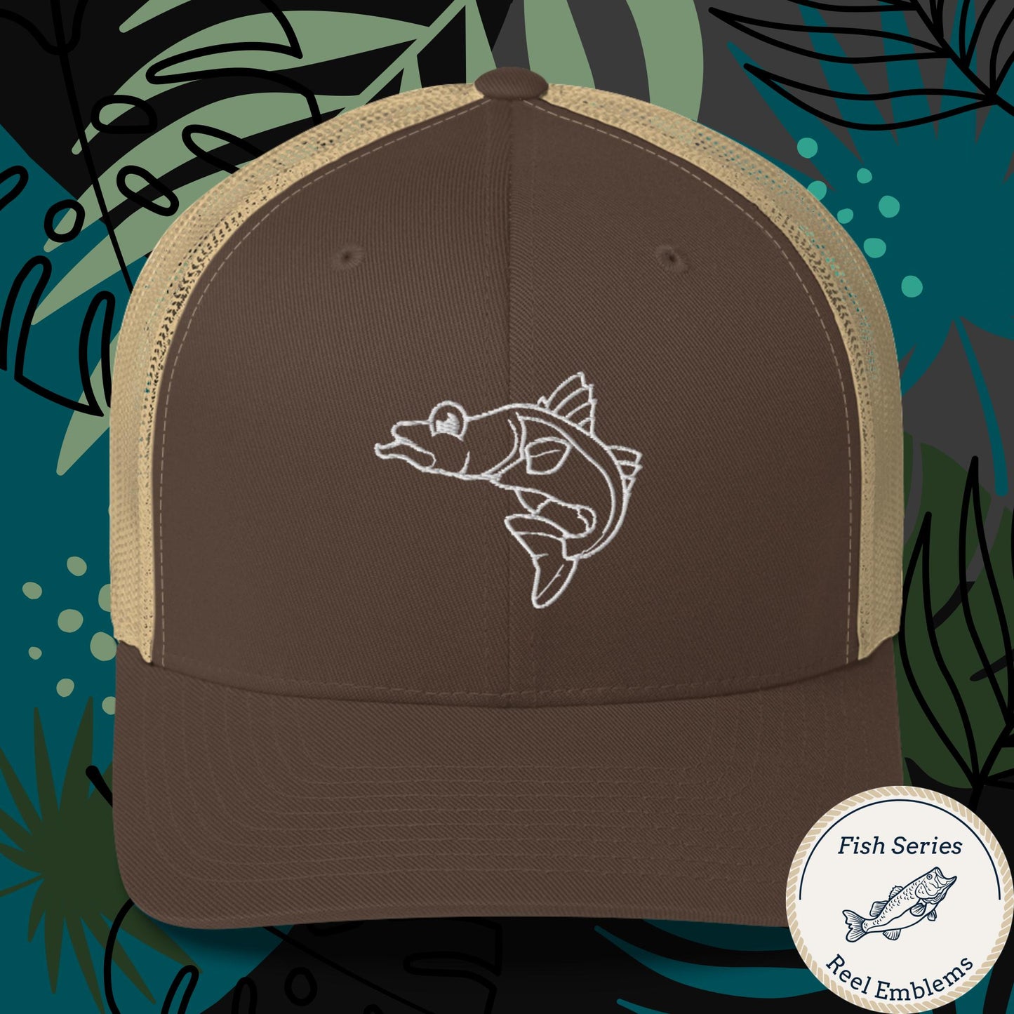 Brown and khaki retro trucker cap with white embroidered snook fish design, front view