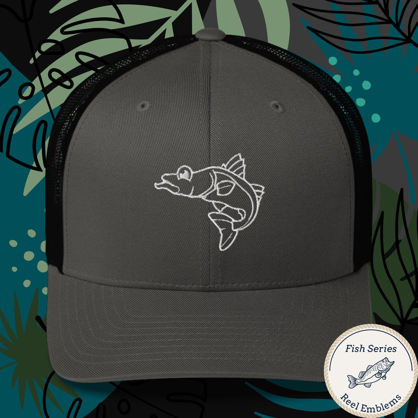 Retro trucker hat in charcoal gray with black mesh, featuring embroidered snook fish outline design