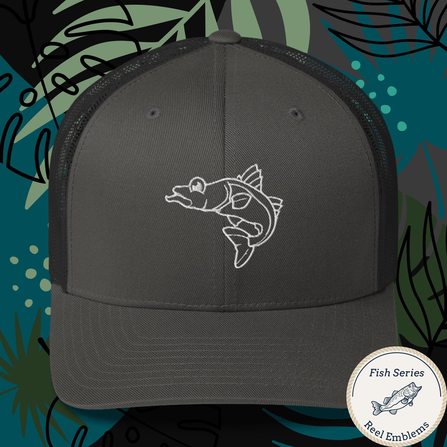 Retro trucker hat in charcoal gray with matching mesh, featuring embroidered snook fish outline design