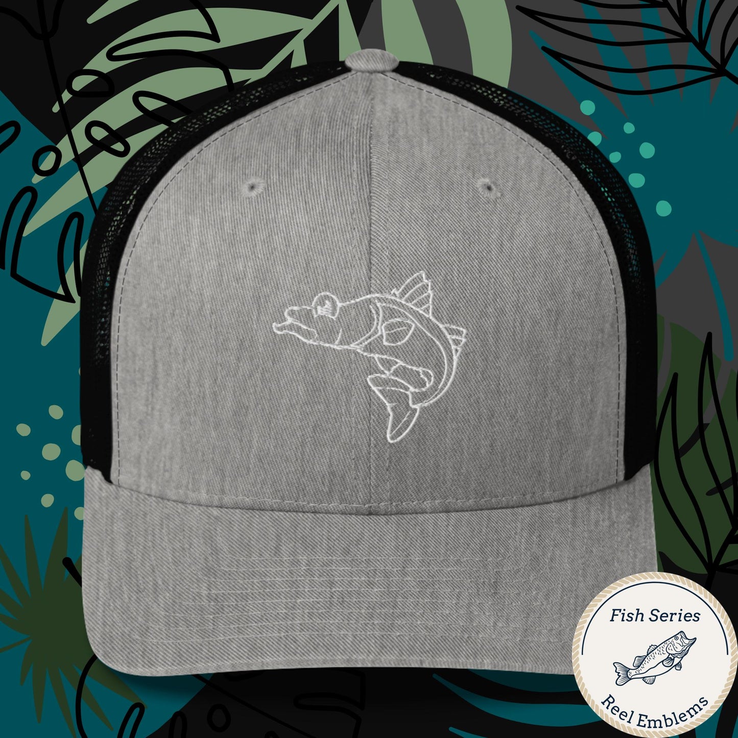 Retro trucker hat in heather gray with black mesh, featuring embroidered snook fish outline design