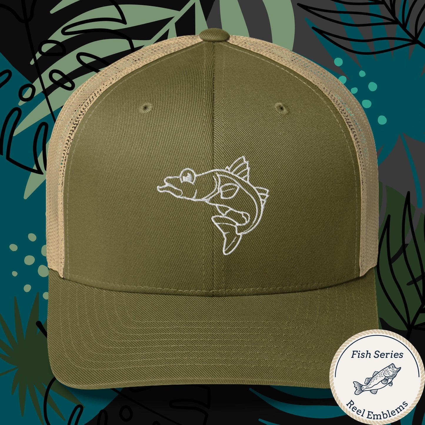 Retro trucker hat in moss green with khaki mesh, featuring embroidered fish outline design