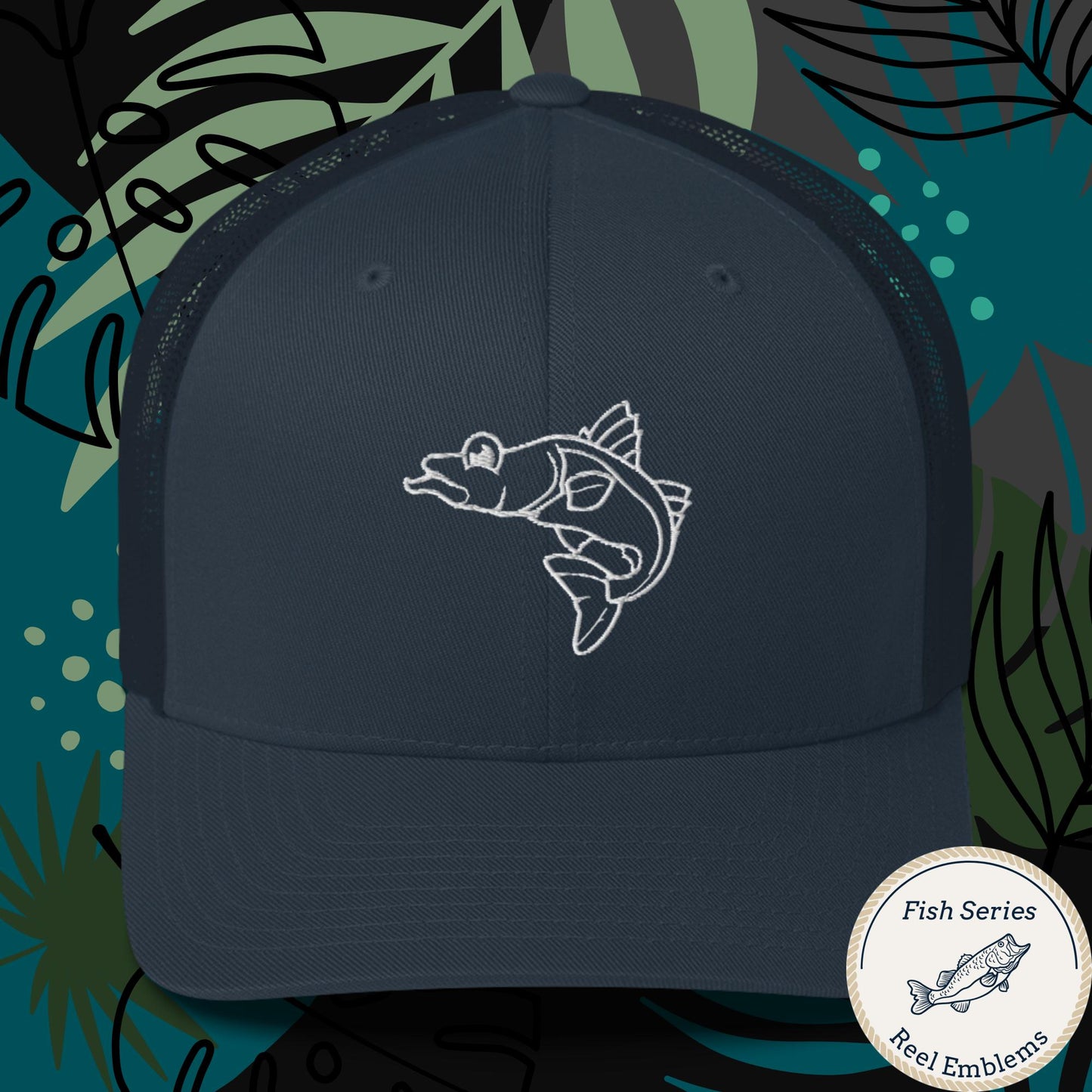 Navy retro trucker cap with white embroidered snook fish design, front view
