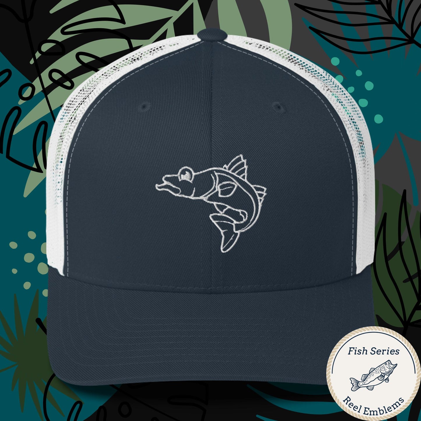 Navy and white retro trucker cap with white embroidered snook fish design, front view