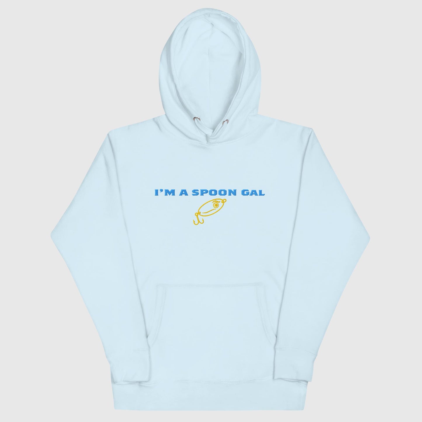 Light blue hoodie with "I'm a Spoon Gal" text and fish graphic