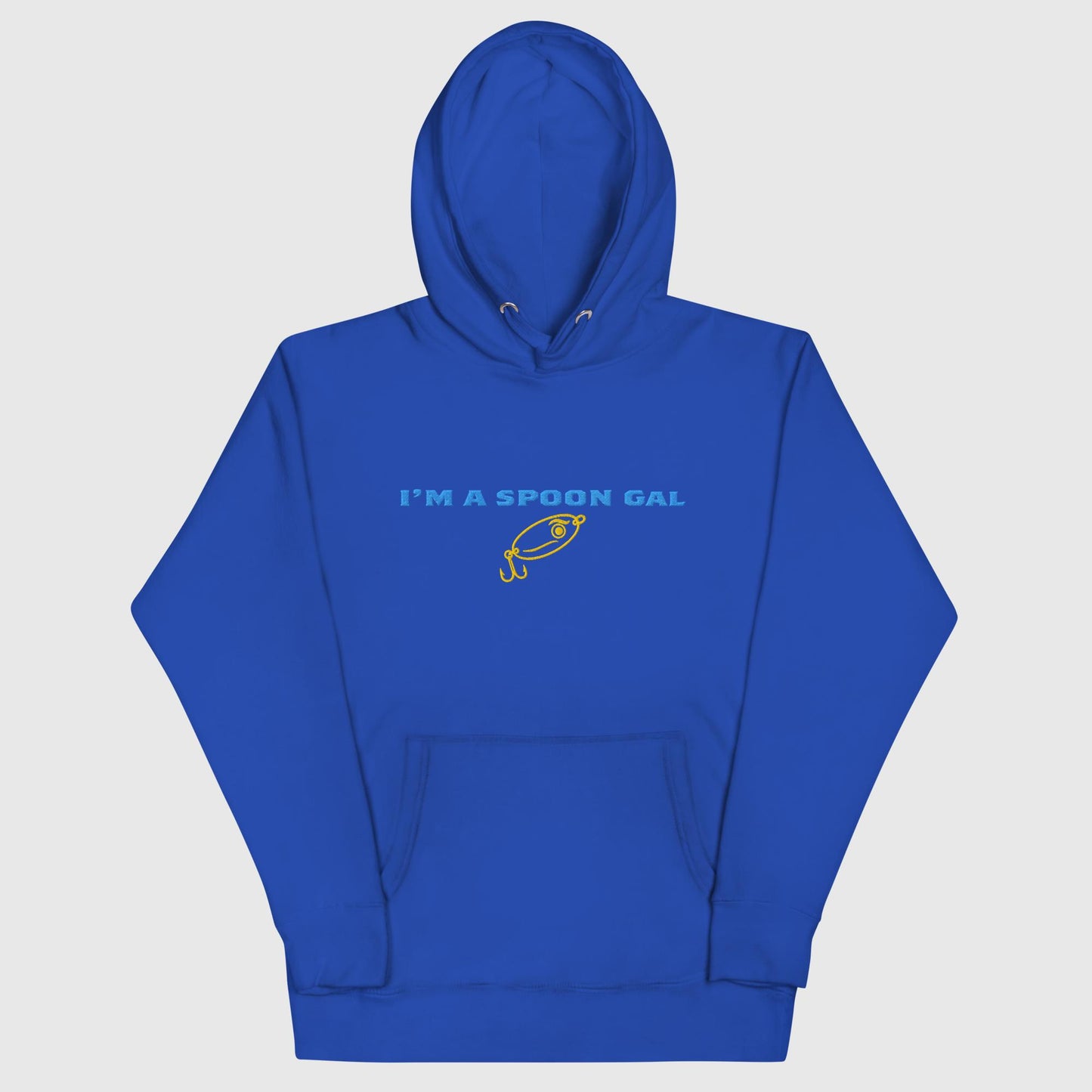 Royal blue hoodie with "I'm a Spoon Gal" text and fish graphic