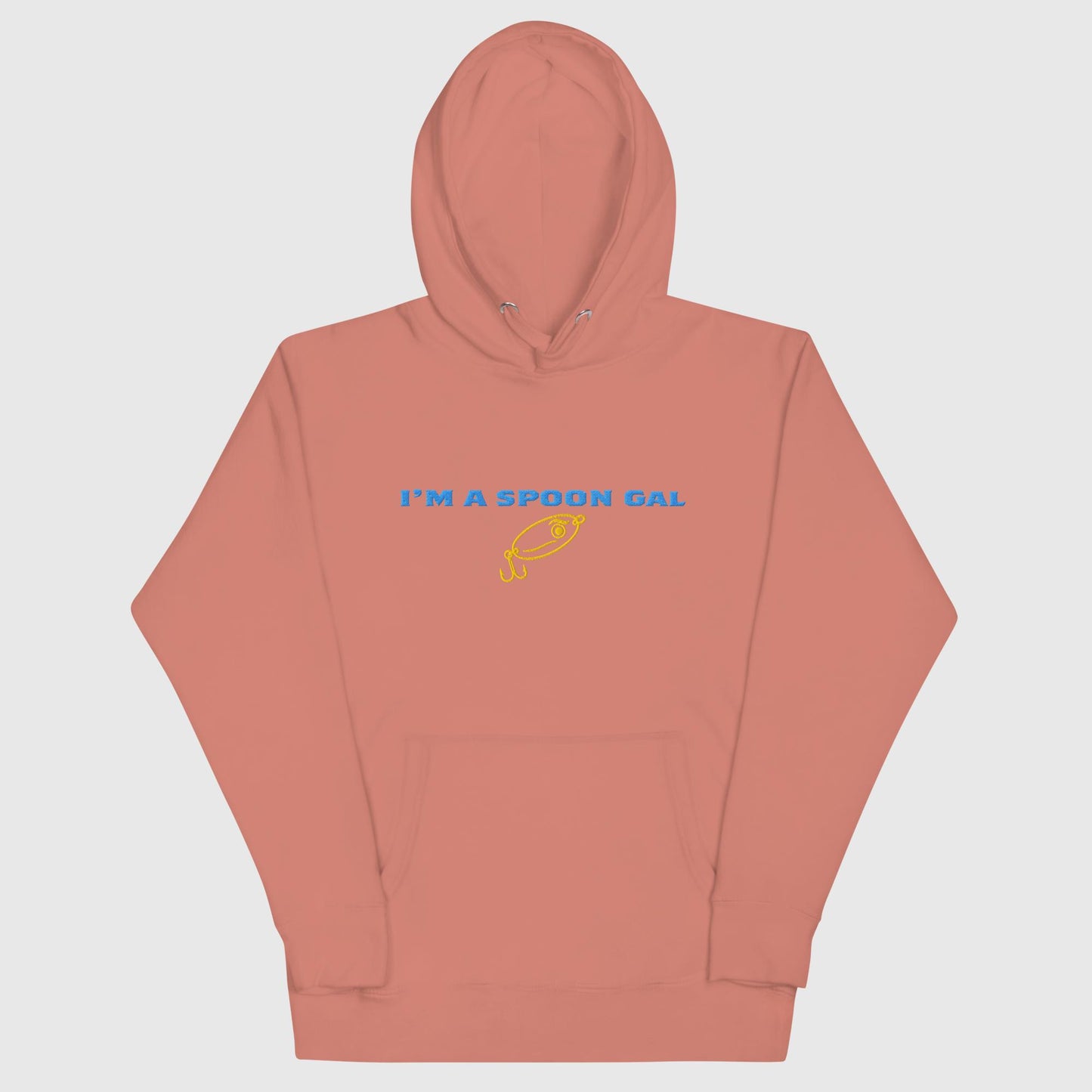 Salmon-colored hoodie with "I'm a Spoon Gal" text and fish graphic