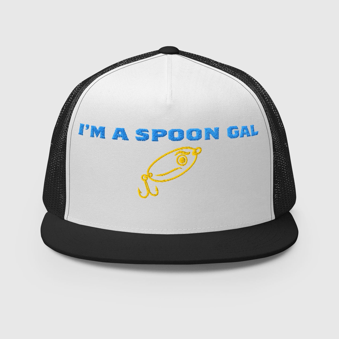 Front view of Spoon Gal trucker hat with white front panel and black mesh sides