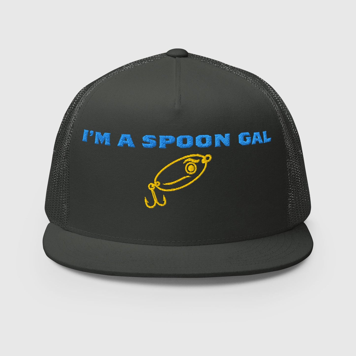 Front view of Spoon Gal trucker hat in charcoal gray with matching mesh sides