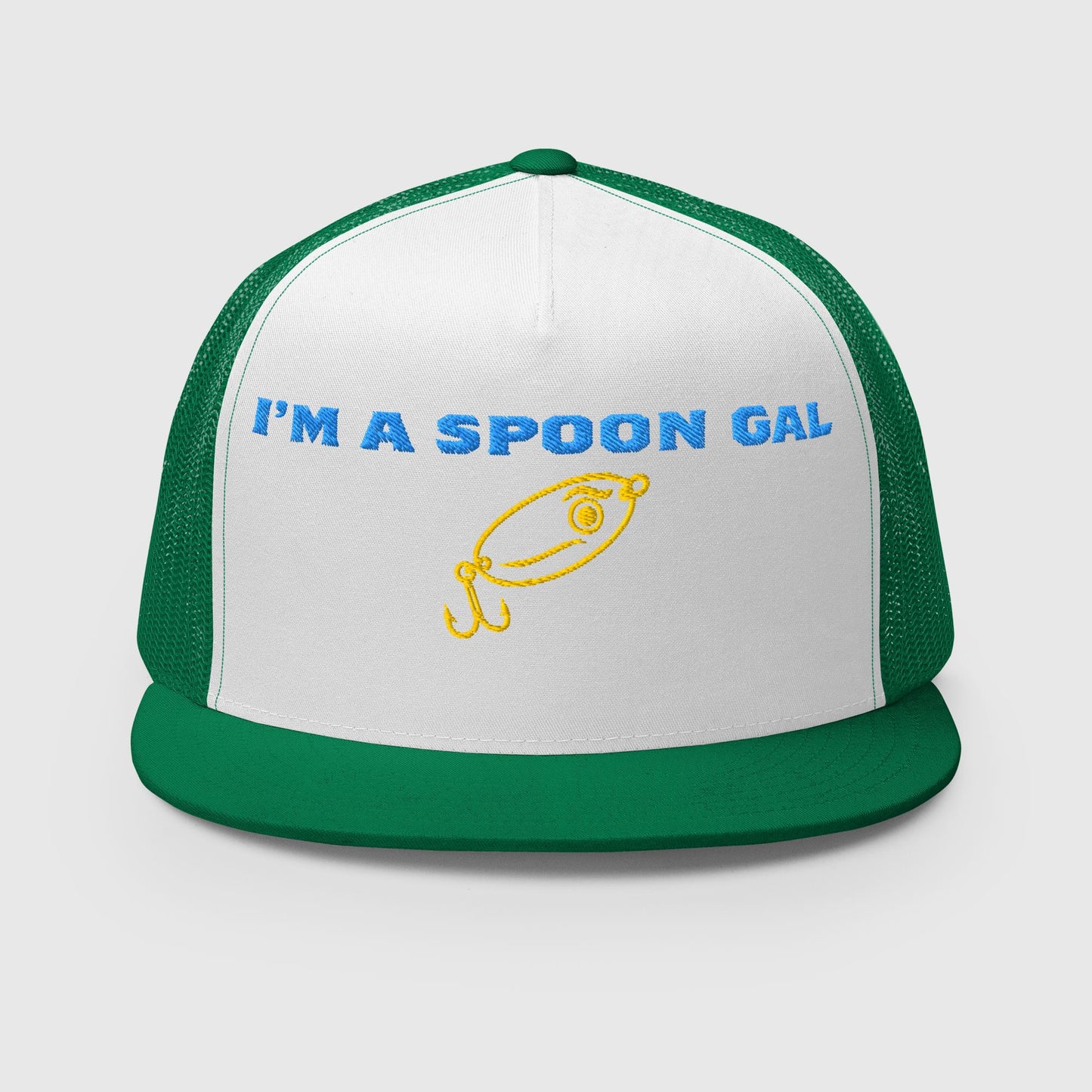 Front view of Spoon Gal trucker hat with green bill and mesh, white front panel