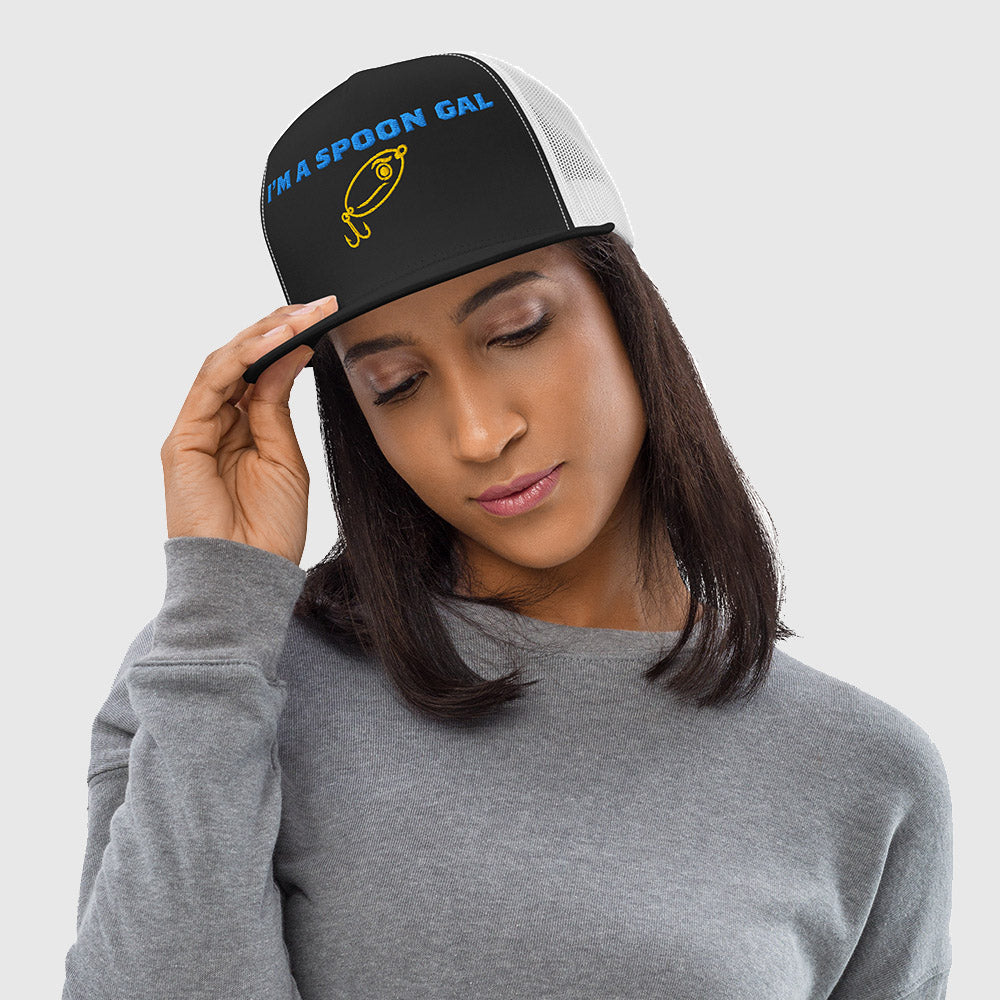 Woman tipping Spoon Gal trucker hat with white mesh sides