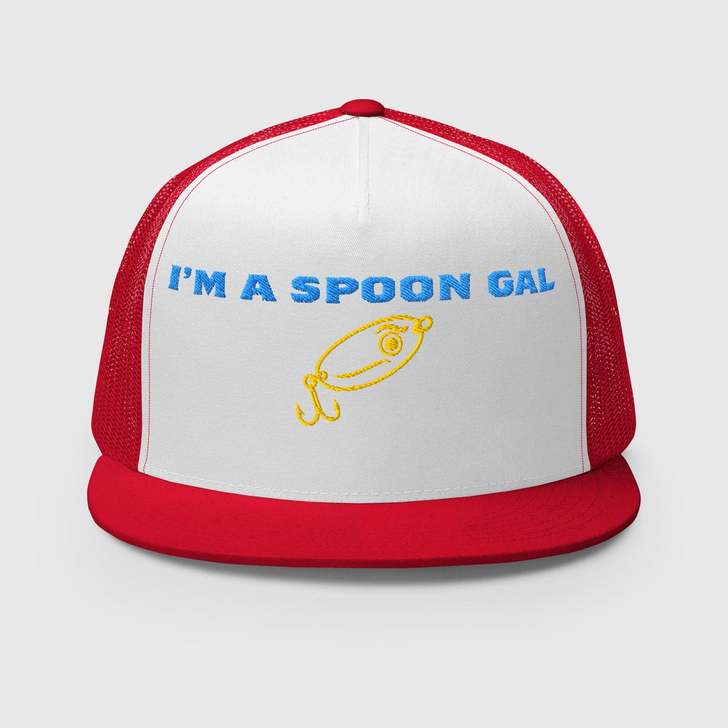 Red and white trucker cap with “I’M A SPOON GAL” text and yellow fishing lure graphic on the front