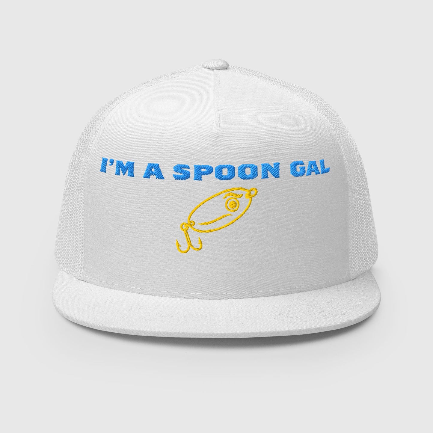 All white trucker cap with “I’M A SPOON GAL” text and yellow fishing lure graphic on the front