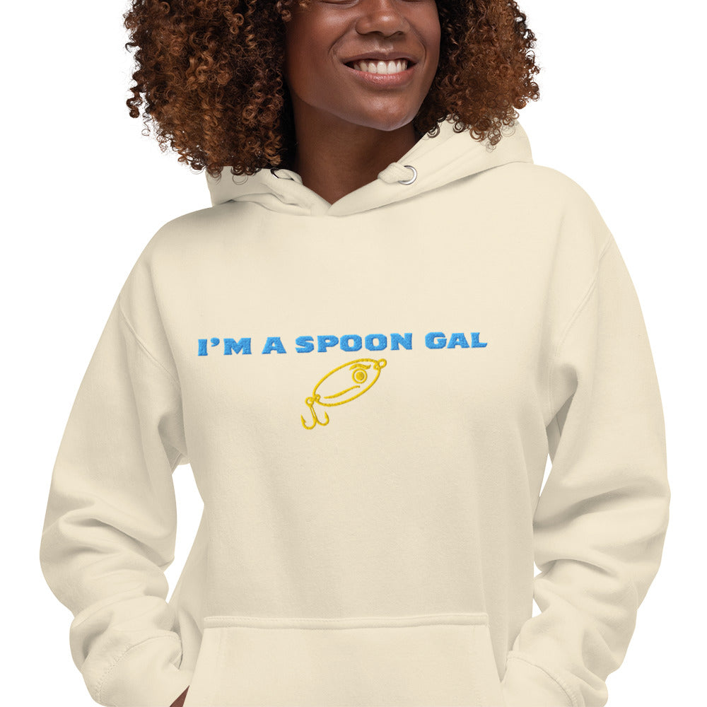Woman wearing "I'm a Spoon Gal" hoodie, bone, close-up front