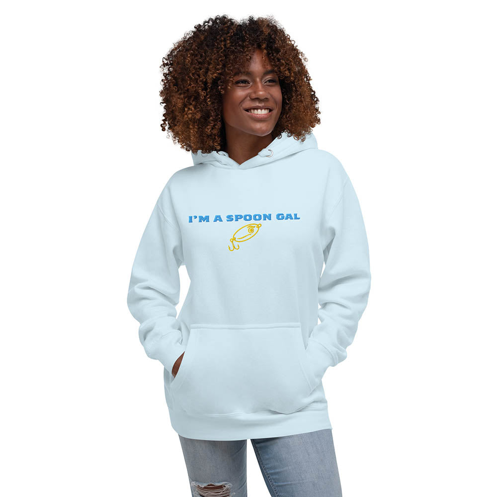 Woman wearing "I'm a Spoon Gal" hoodie, light blue, front