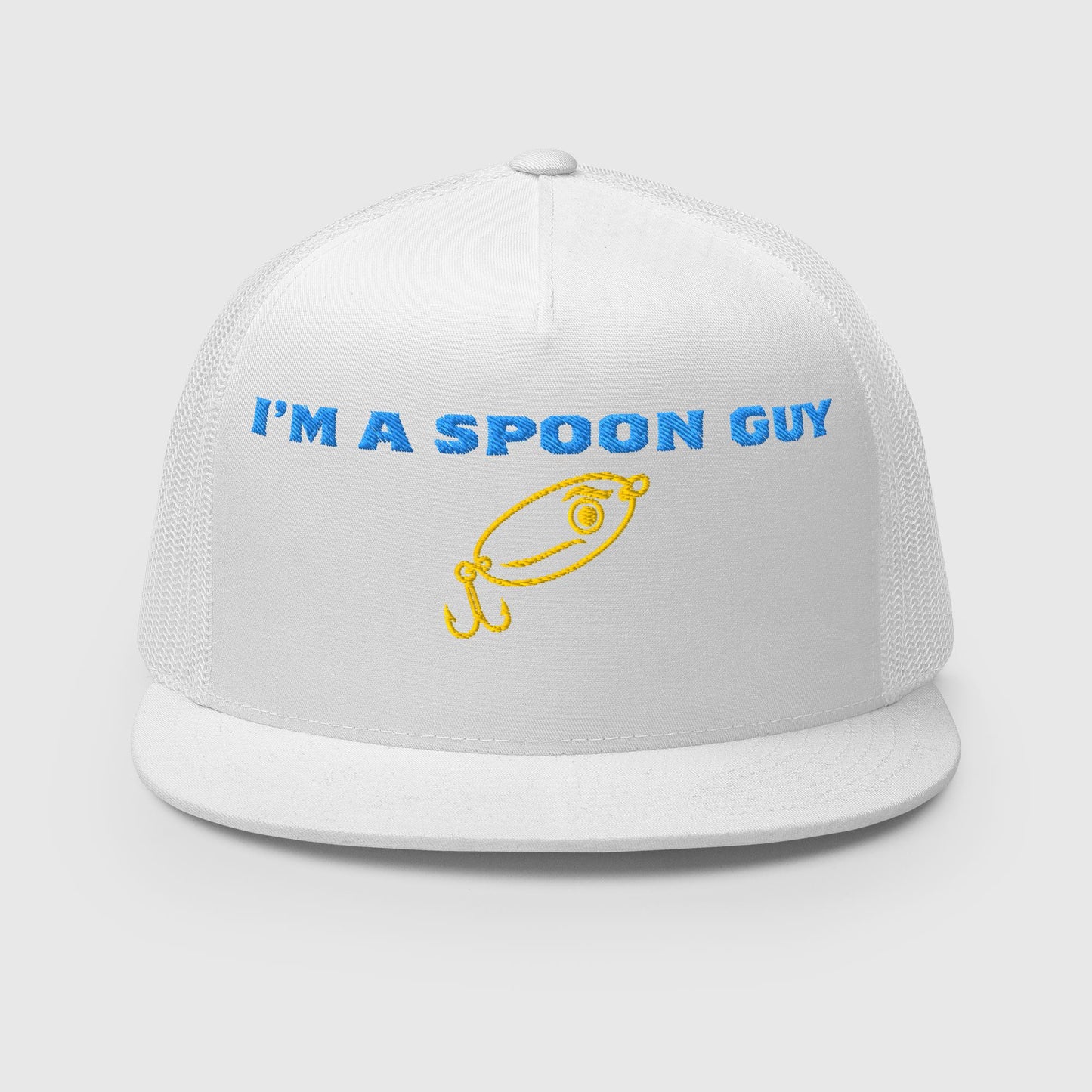 All white trucker hat with "I'm a Spoon Guy" text and yellow lure graphic