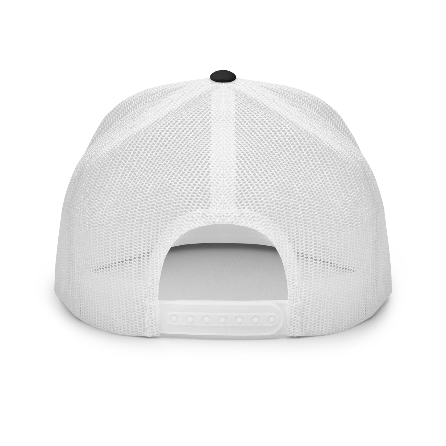 Back view of black and white mesh trucker hat with adjustable snap closure