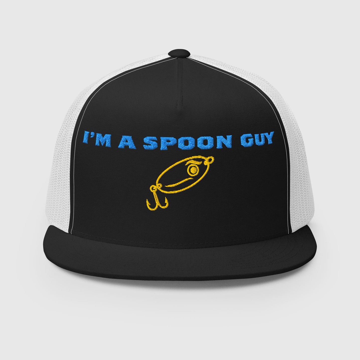 Black and white trucker hat with "I'm a Spoon Guy" text and yellow lure graphic