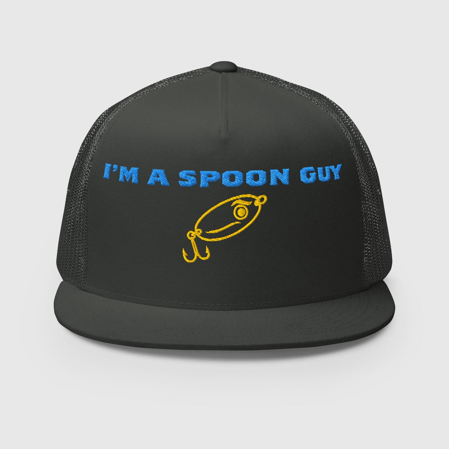 Charcoal trucker hat with "I'm a Spoon Guy" text and yellow lure graphic