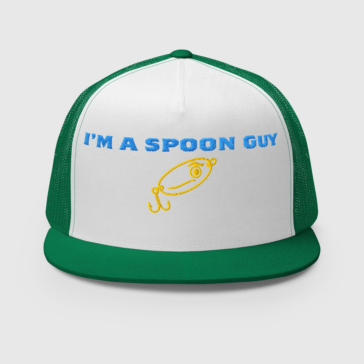 Green and white trucker hat with "I'm a Spoon Guy" text and yellow lure graphic