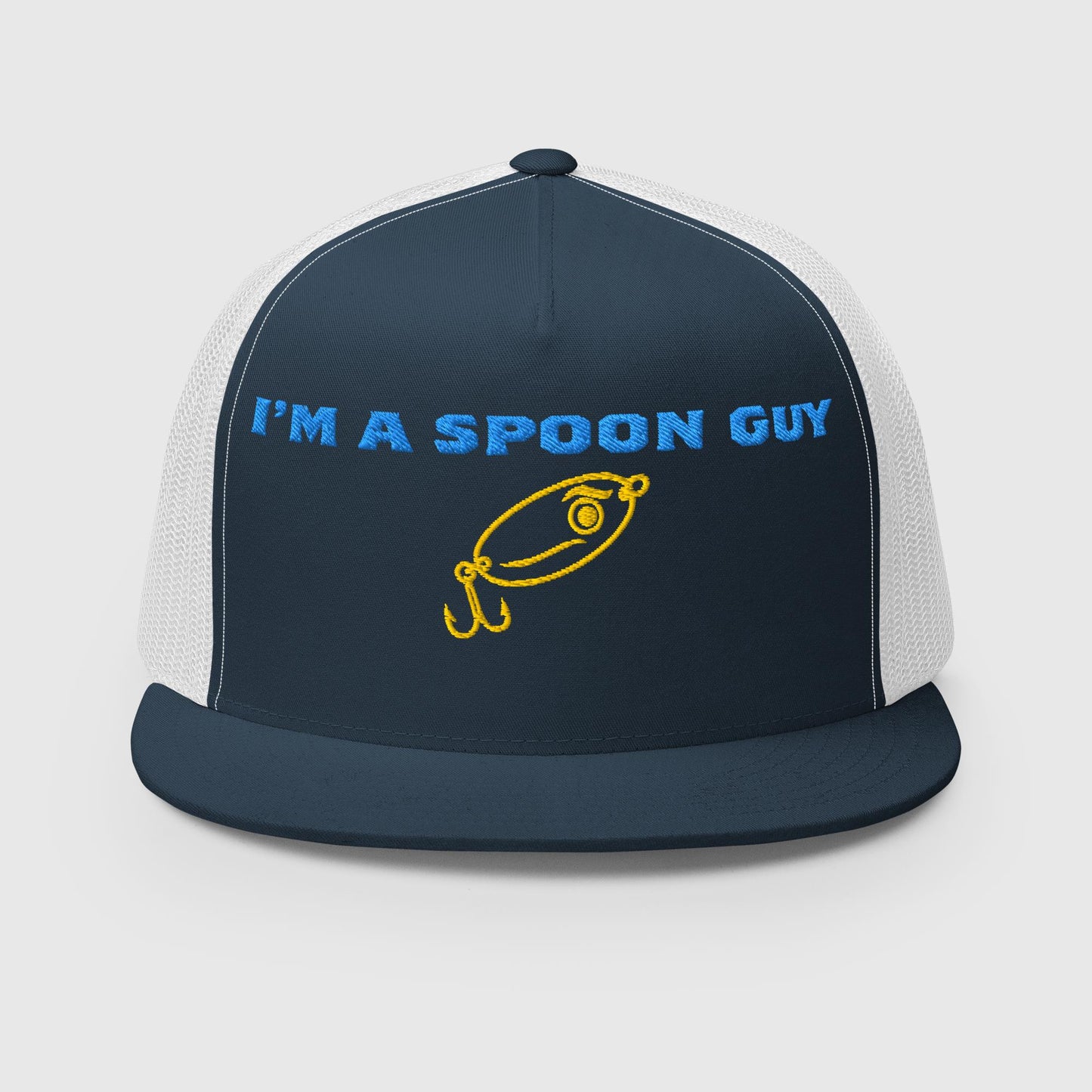 Trucker hat with navy front, white mesh sides, "I'm a Spoon Guy" text and yellow lure graphic