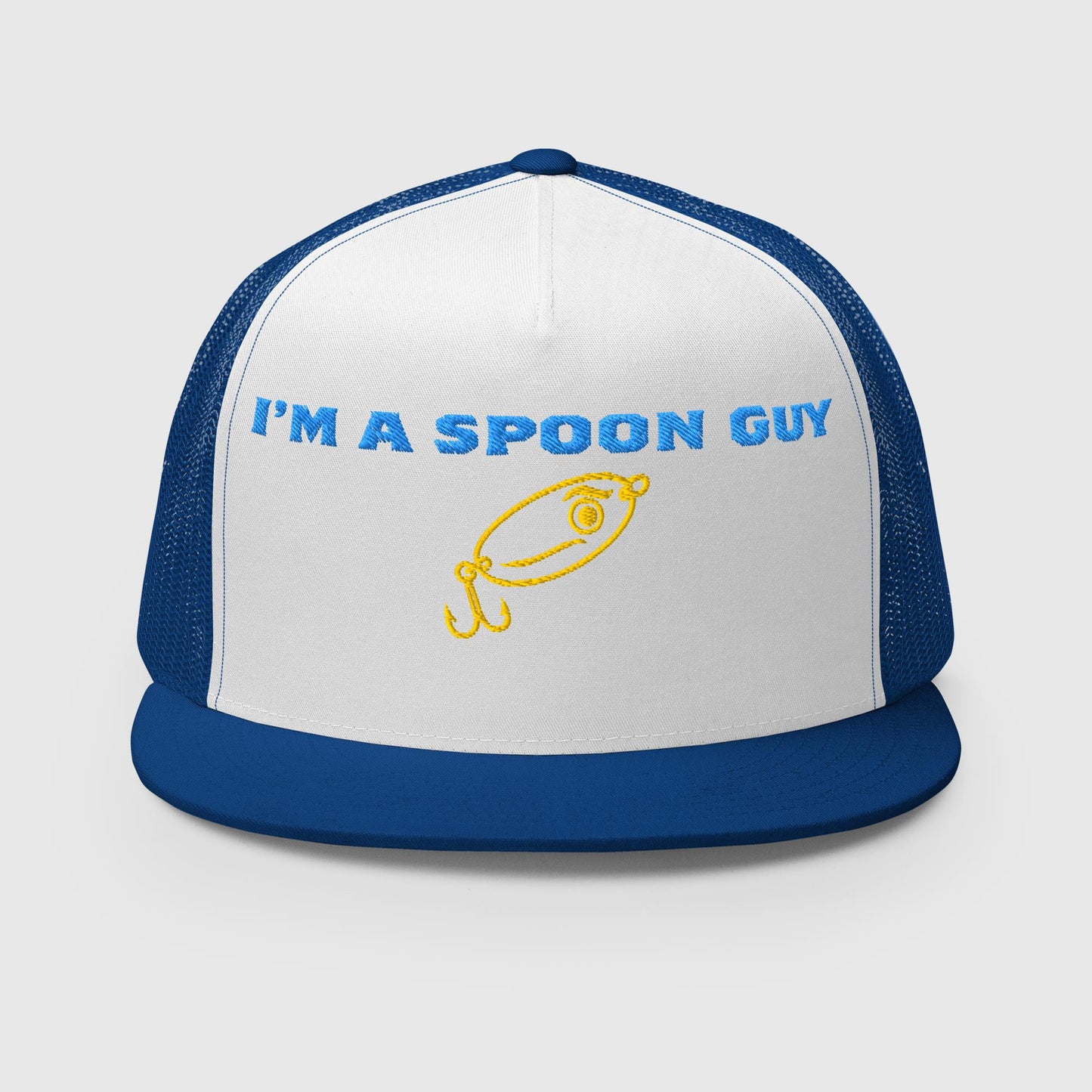 Trucker hat with white front, blue mesh sides, "I'm a Spoon Guy" text and yellow lure graphic