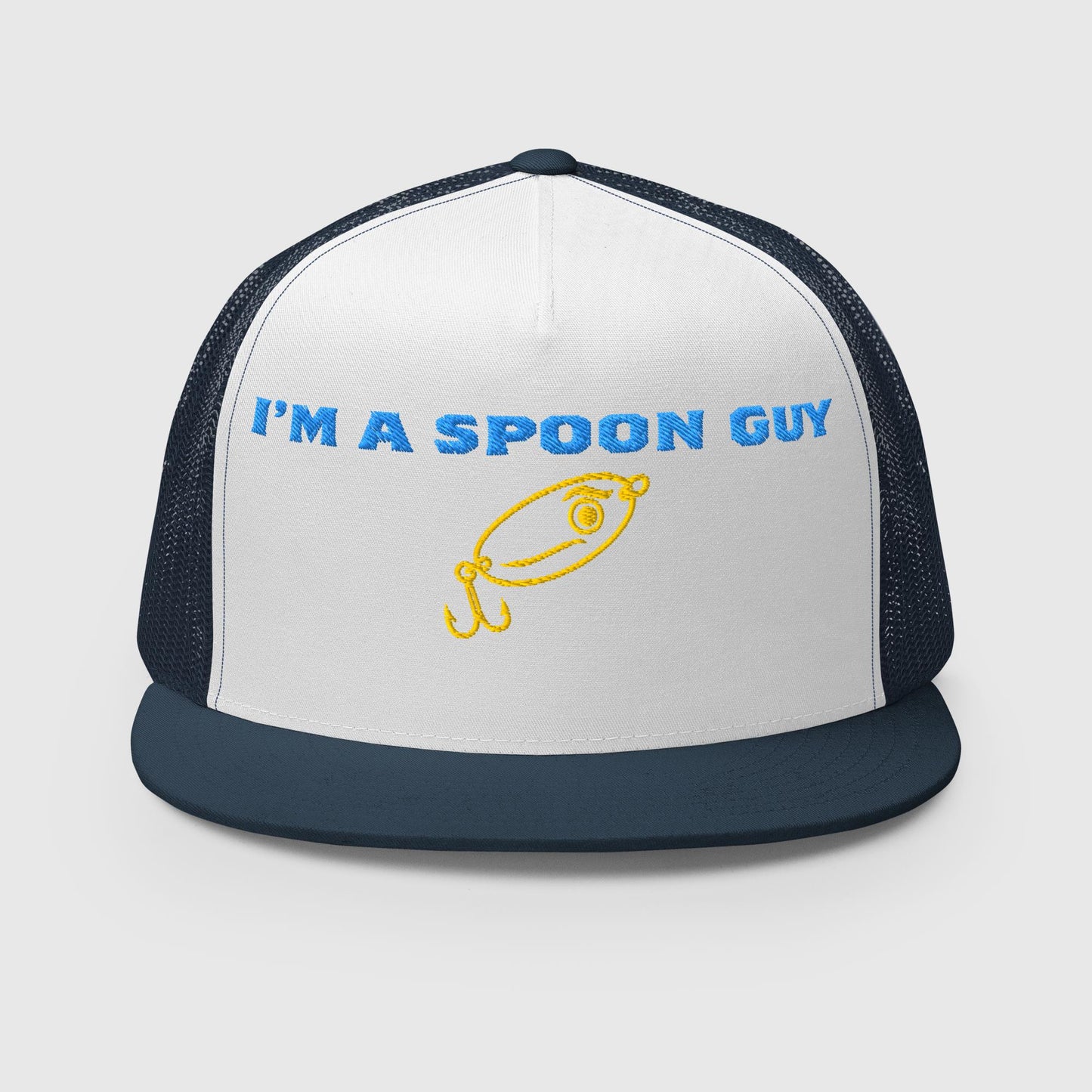 Trucker hat with white front, navy sides, "I'm a Spoon Guy" text and yellow lure graphic