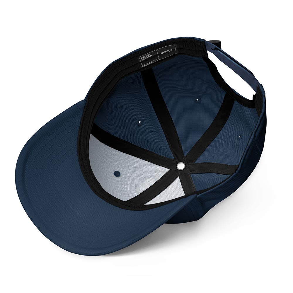 Inside view of a navy Adidas performance cap showing under-brim and interior panel details