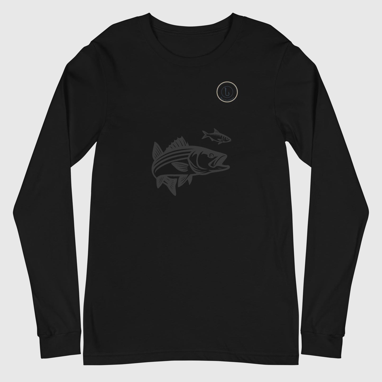 Black unisex long sleeve shirt with striped bass fishing design on the chest