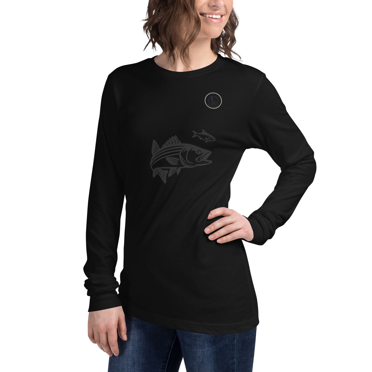 Model wearing a black long sleeve shirt with striped bass fishing design on the chest