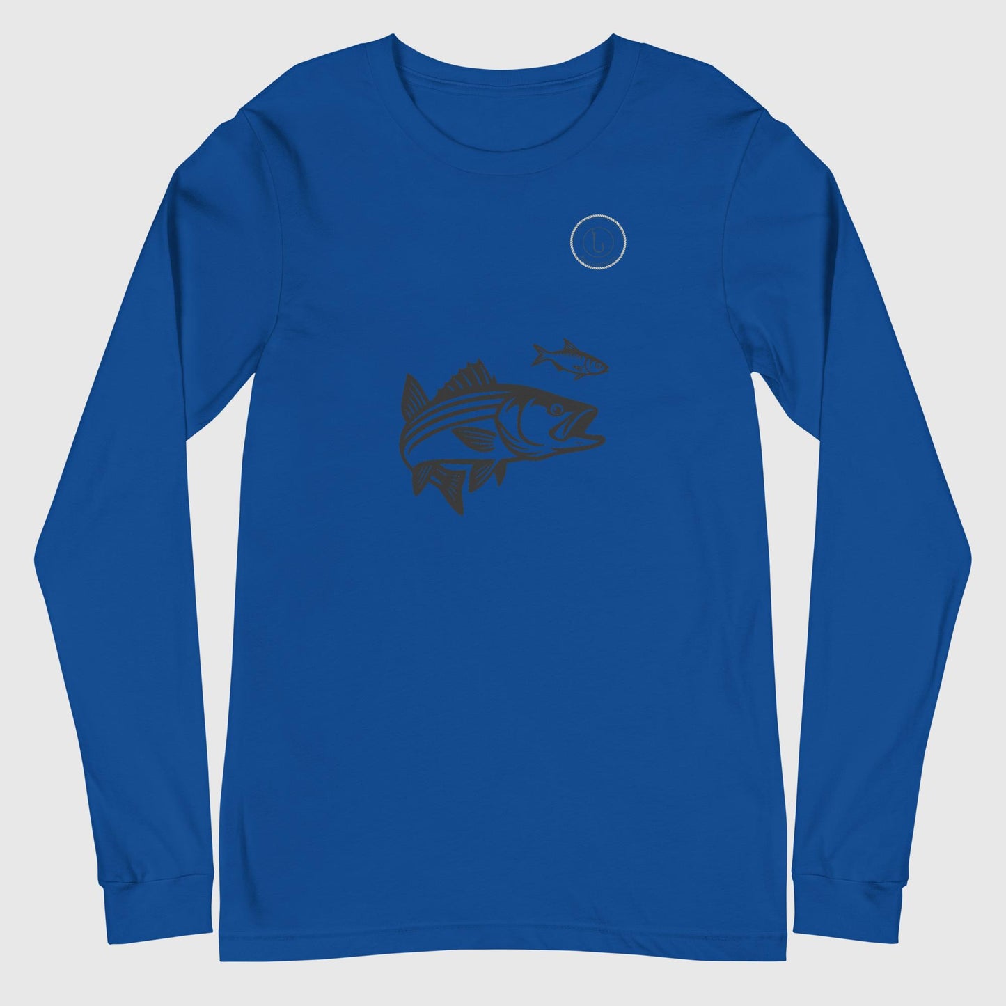 Blue unisex long sleeve shirt with striped bass fishing design on the chest