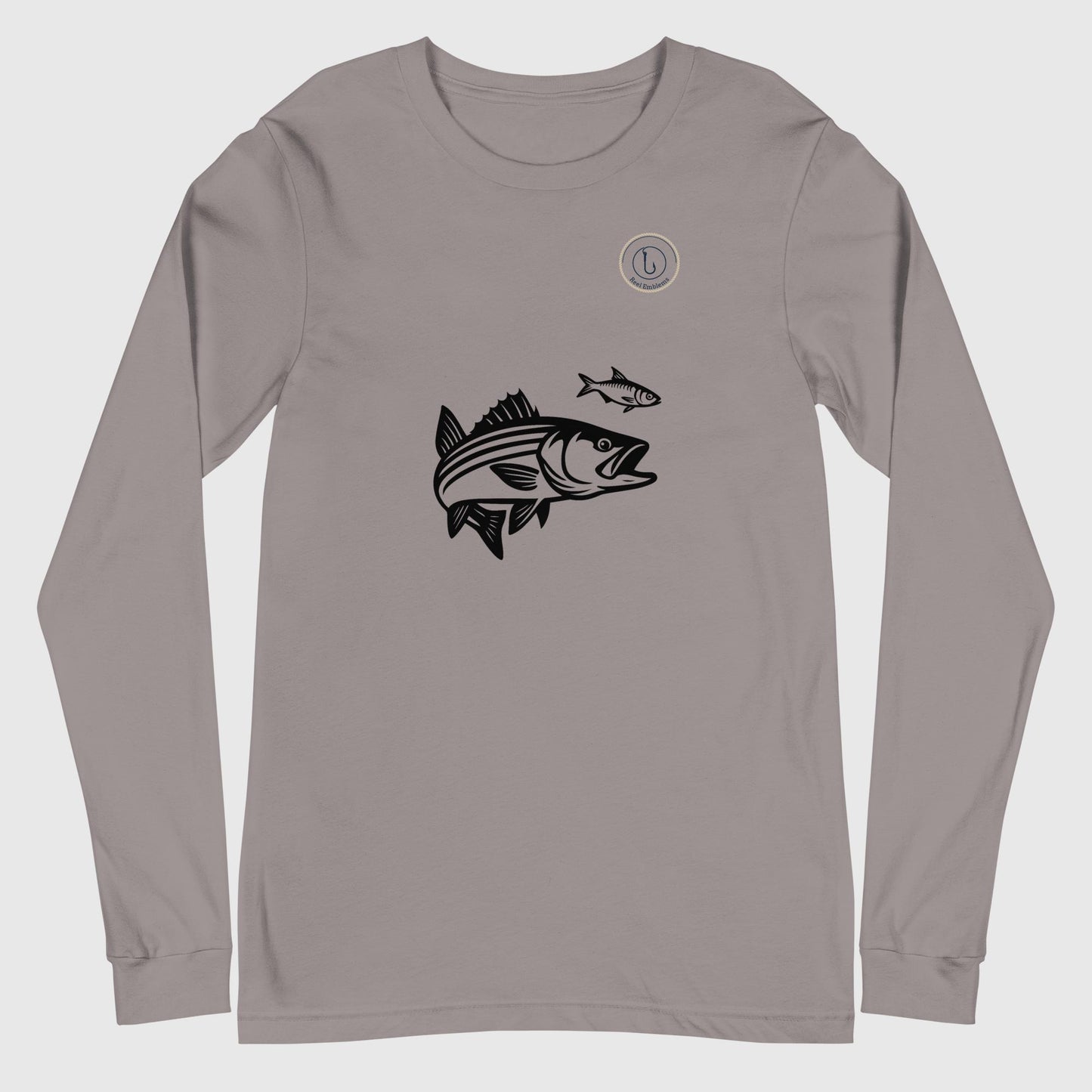 Storm gray unisex long sleeve shirt with embroidered striped bass fishing design on the front