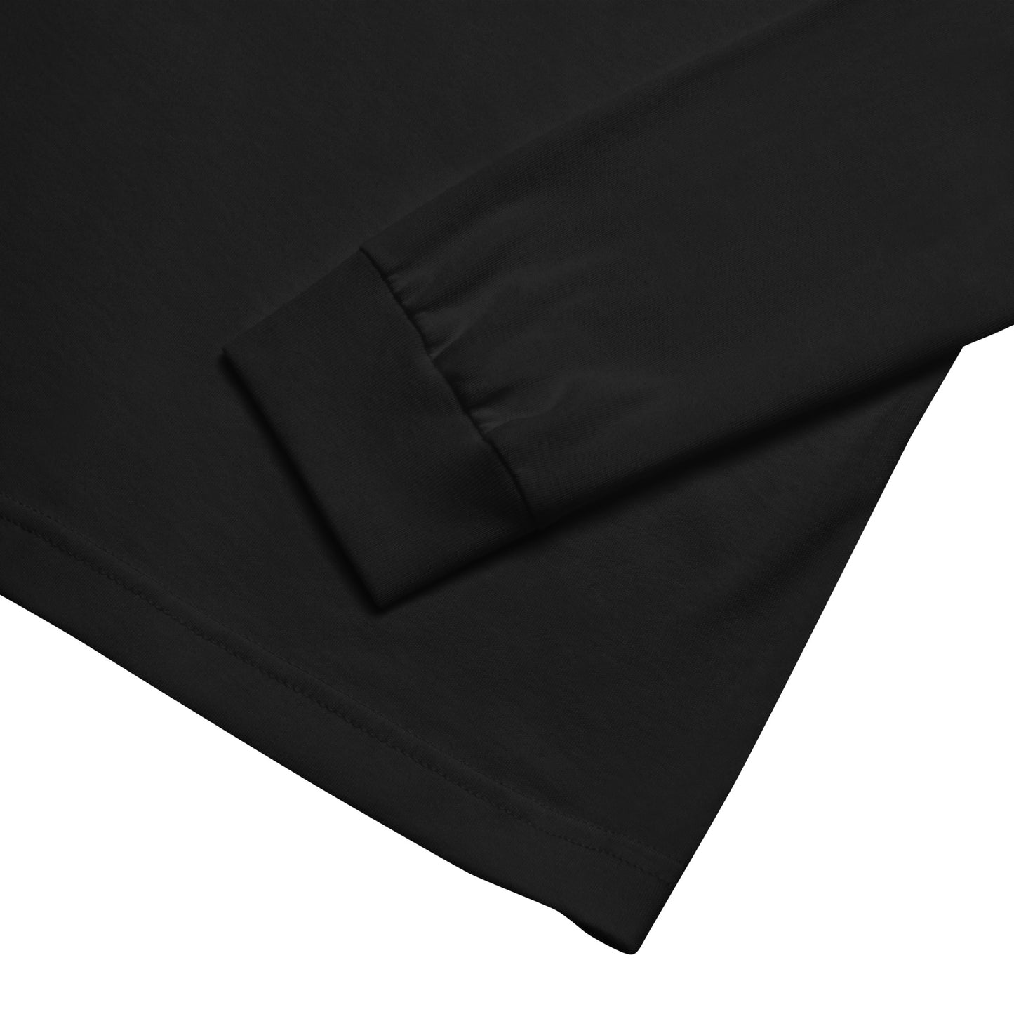Close-up detail of black long sleeve striped bass fishing shirt cuff and hem