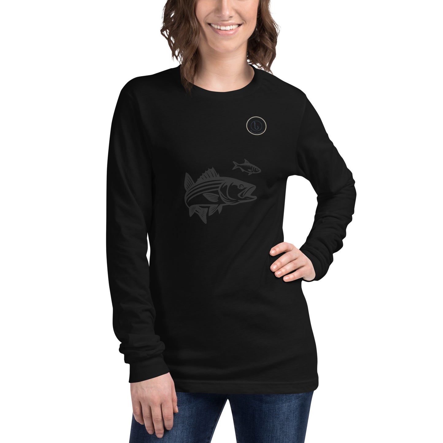 Black long sleeve shirt on woman with striped bass and baitfish fishing graphic, front view