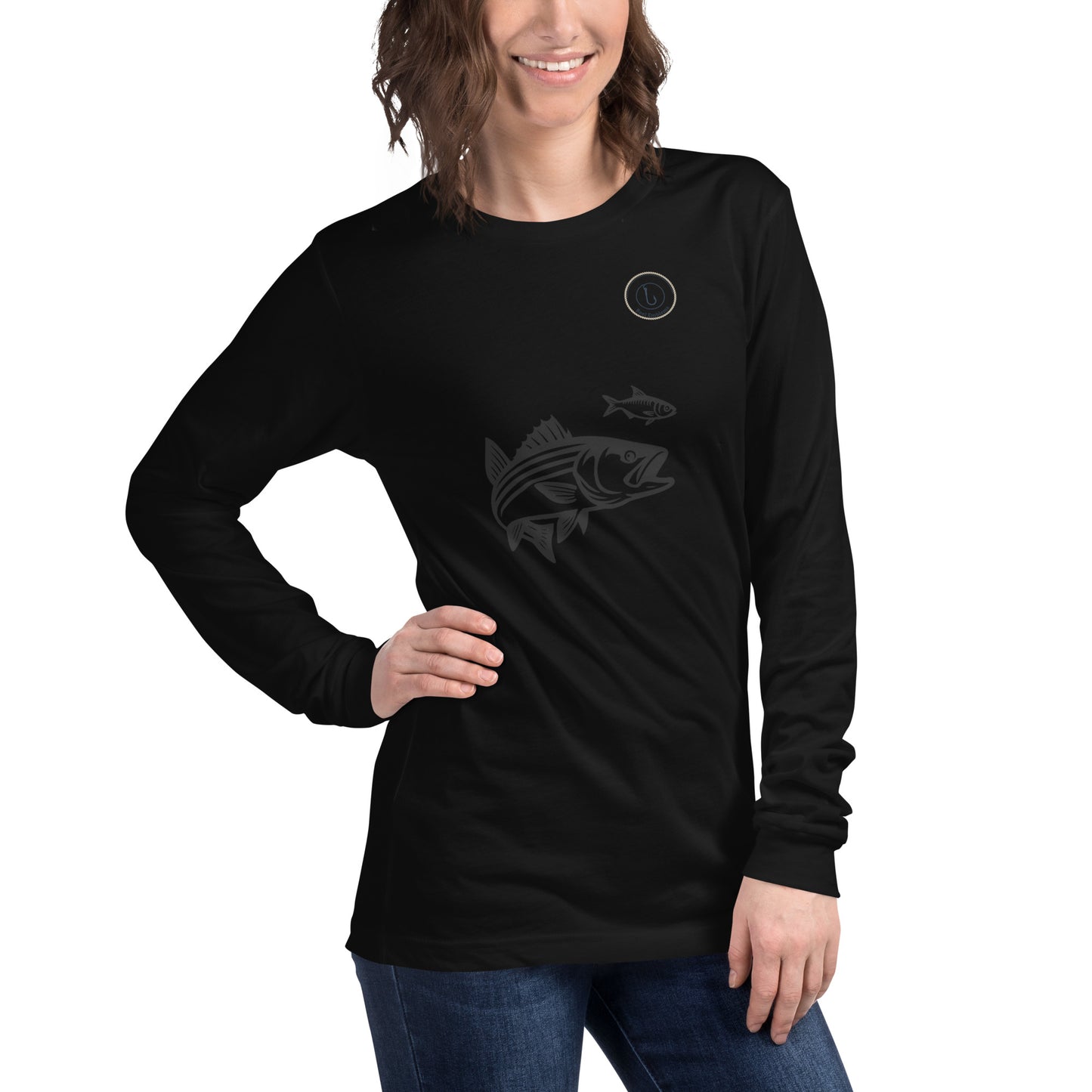 Female model in black long sleeve fishing shirt with striped bass and baitfish design, right side view