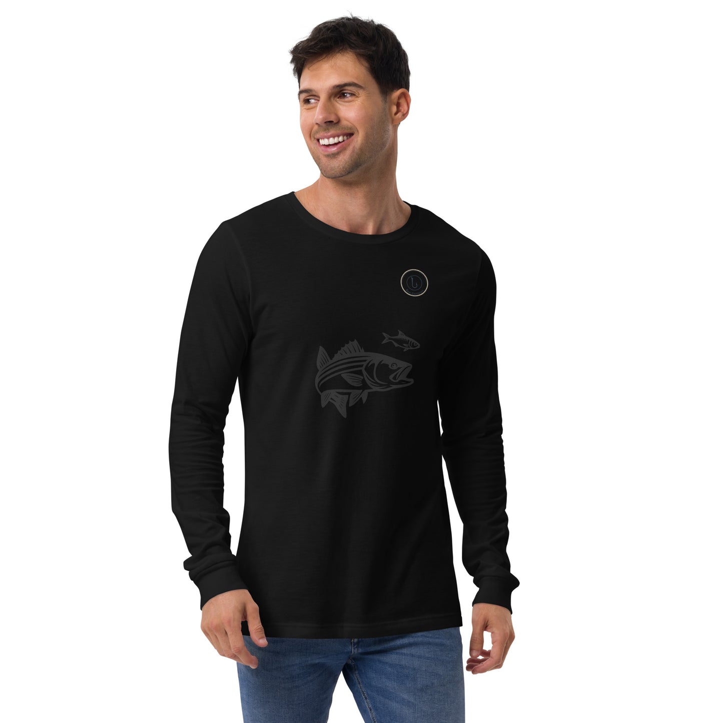 Male model wearing black striped bass long sleeve tee with fishing design, front angle