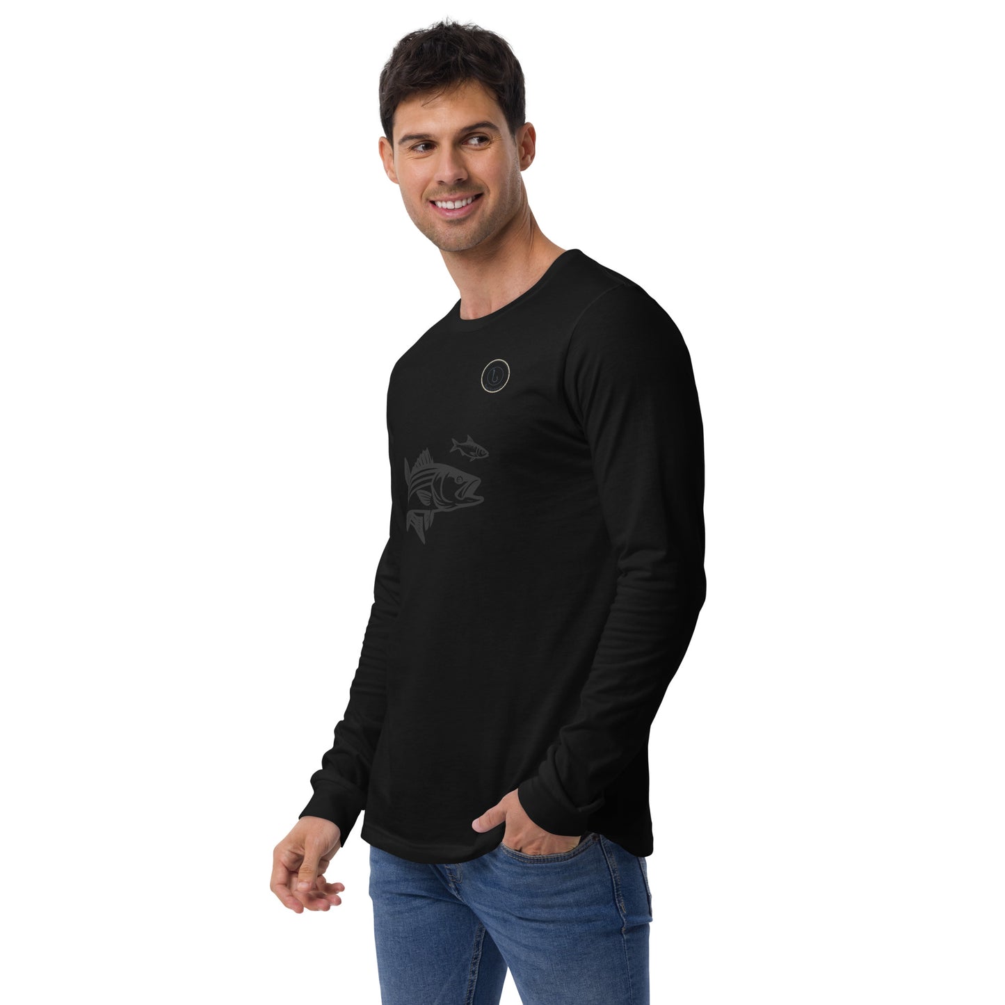 Man in black long sleeve striped bass fishing shirt with baitfish detail, looking to the side