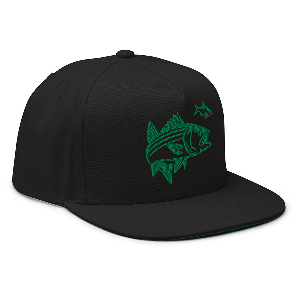 angled right front view of black snapback hat with green striper fish embroidery