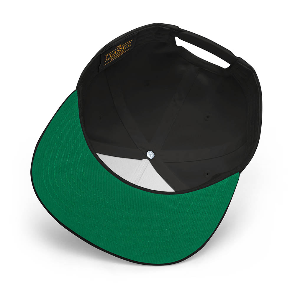 underside of black snapback hat with green brim