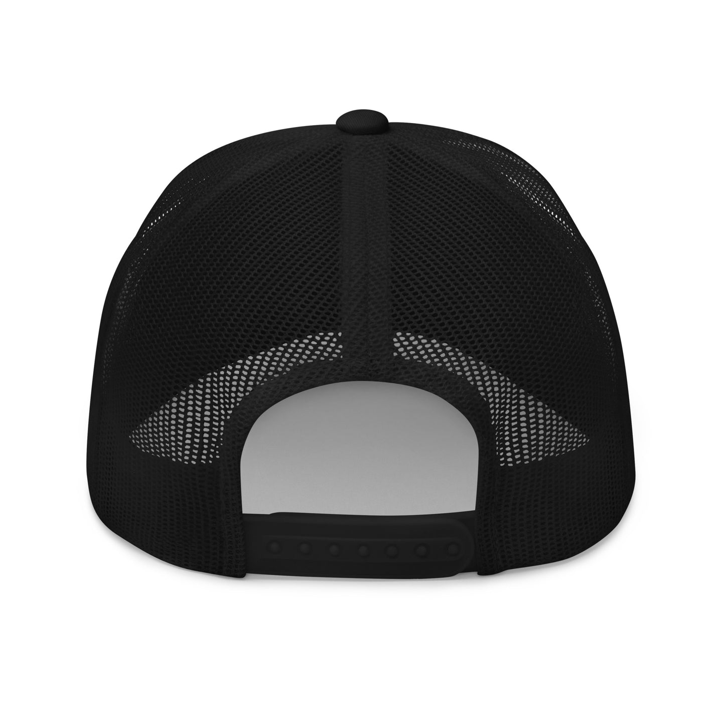 Back view of black trucker hat with mesh panels.