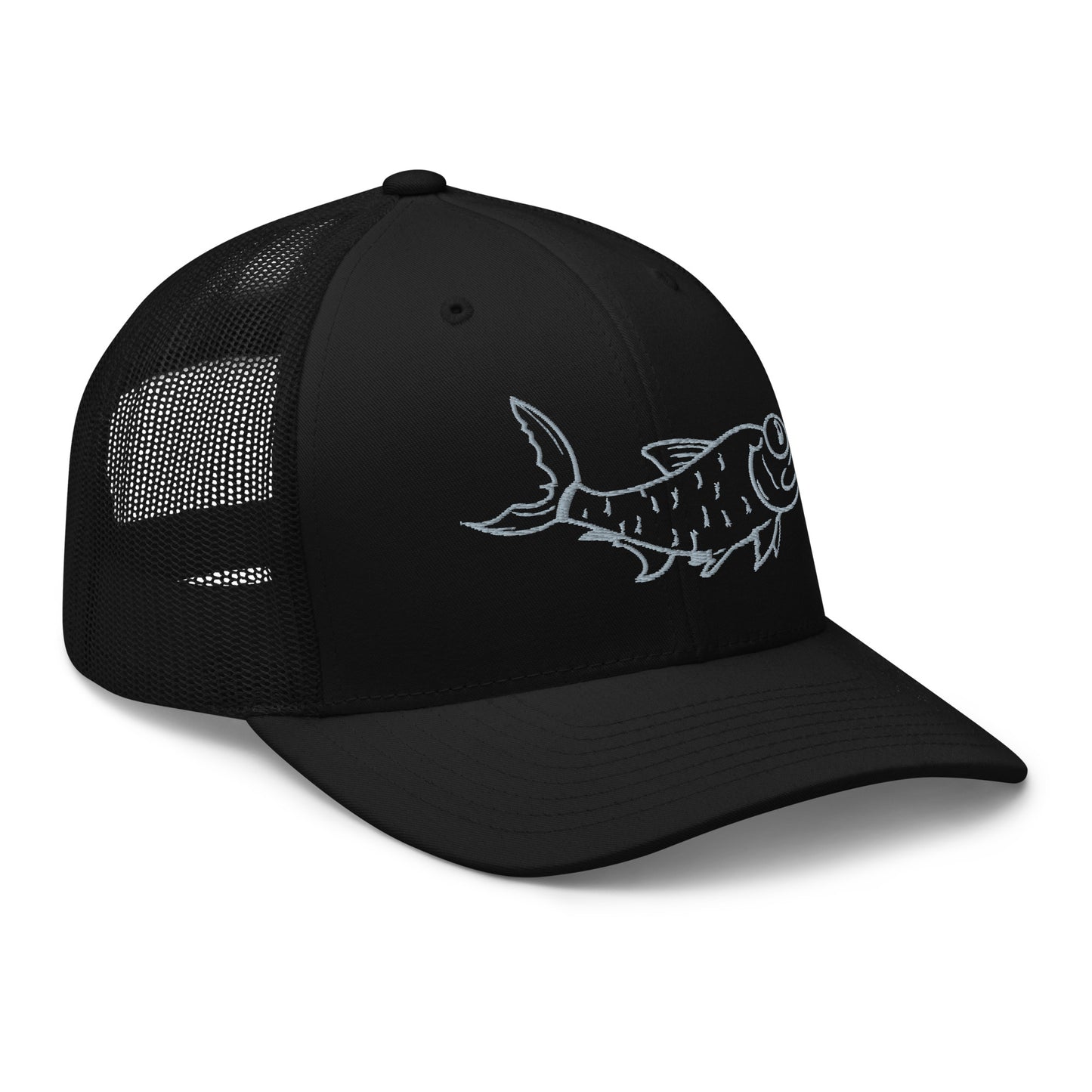 Black trucker hat with embroidered tarpon design, angled front-right view.