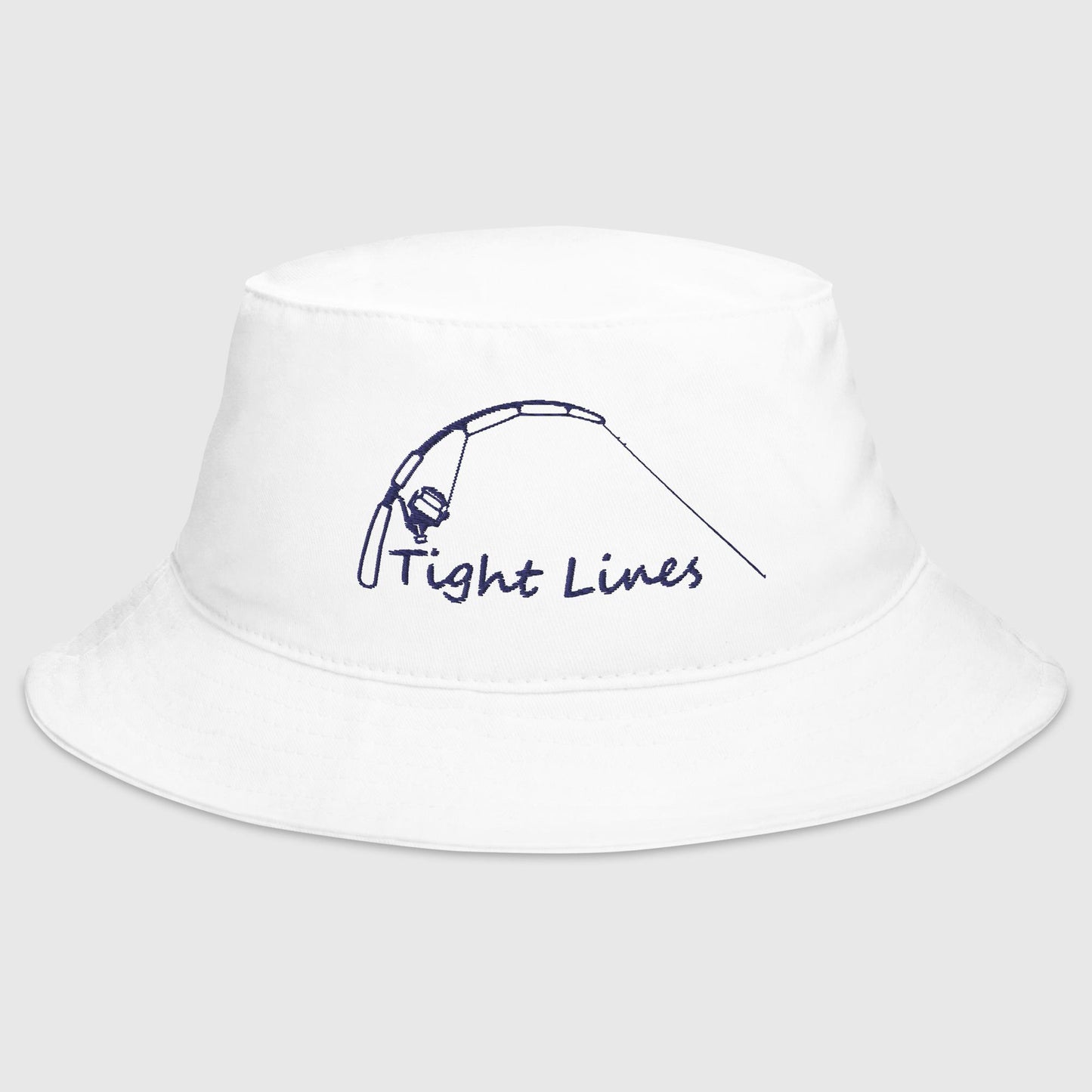 White bucket hat with embroidered 'Tight Lines' fishing rod design, front view