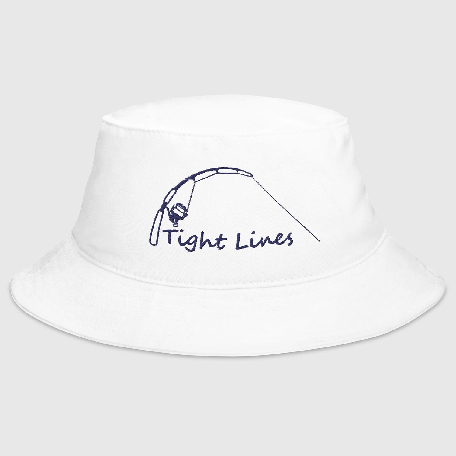White bucket hat with embroidered 'Tight Lines' fishing rod design, front view