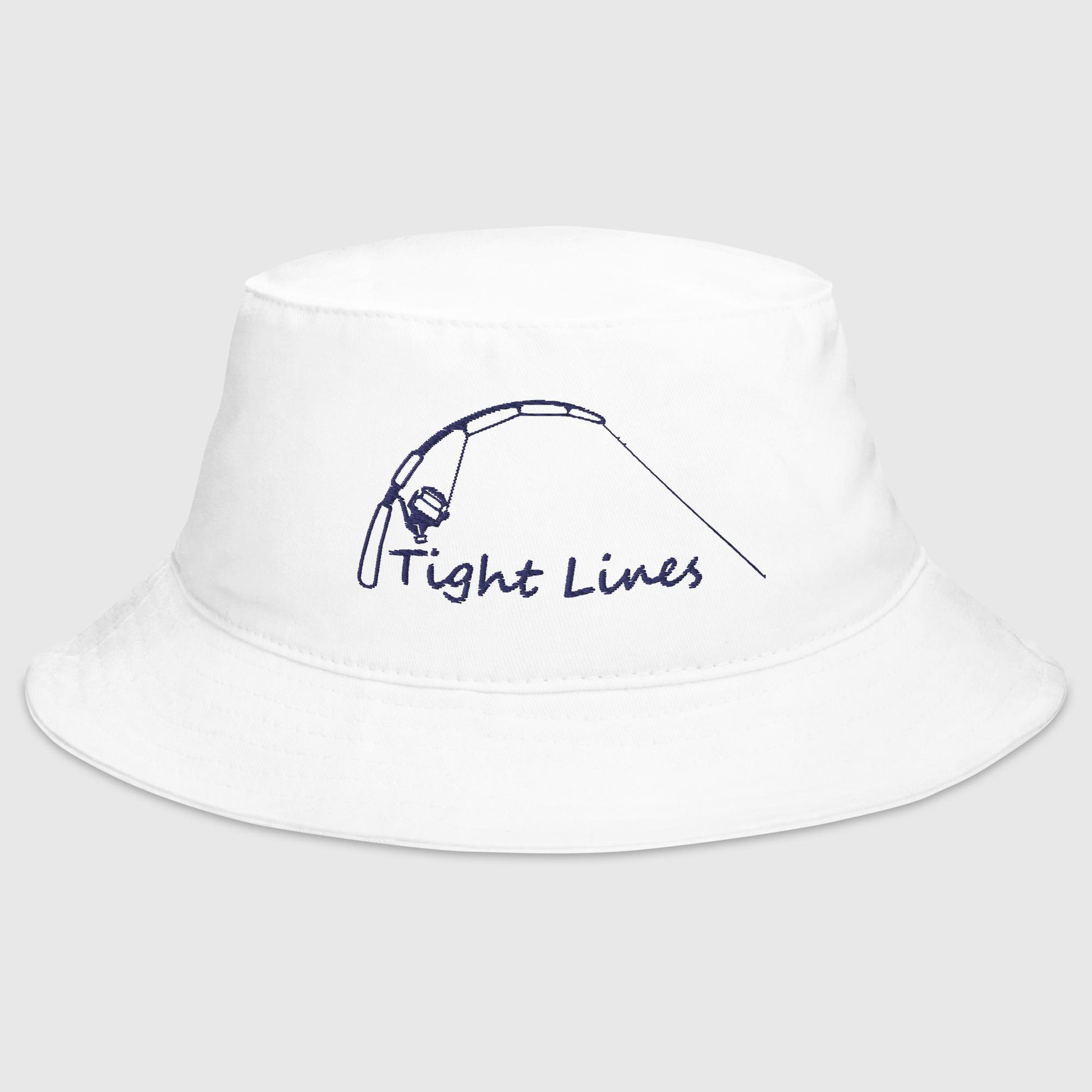 White bucket hat with embroidered 'Tight Lines' fishing rod design, front view