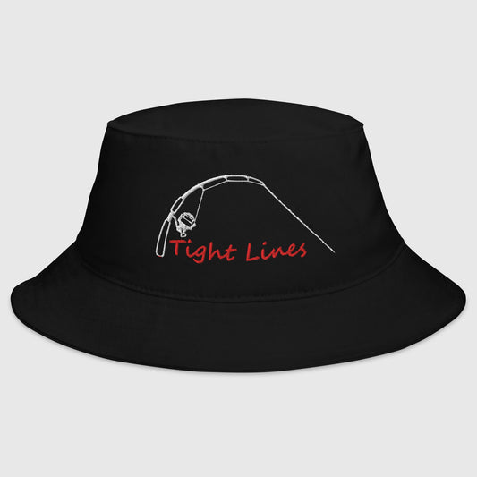 Black fishing bucket hat with embroidered 'Tight Lines' fishing rod and reel design in red and white thread, front view